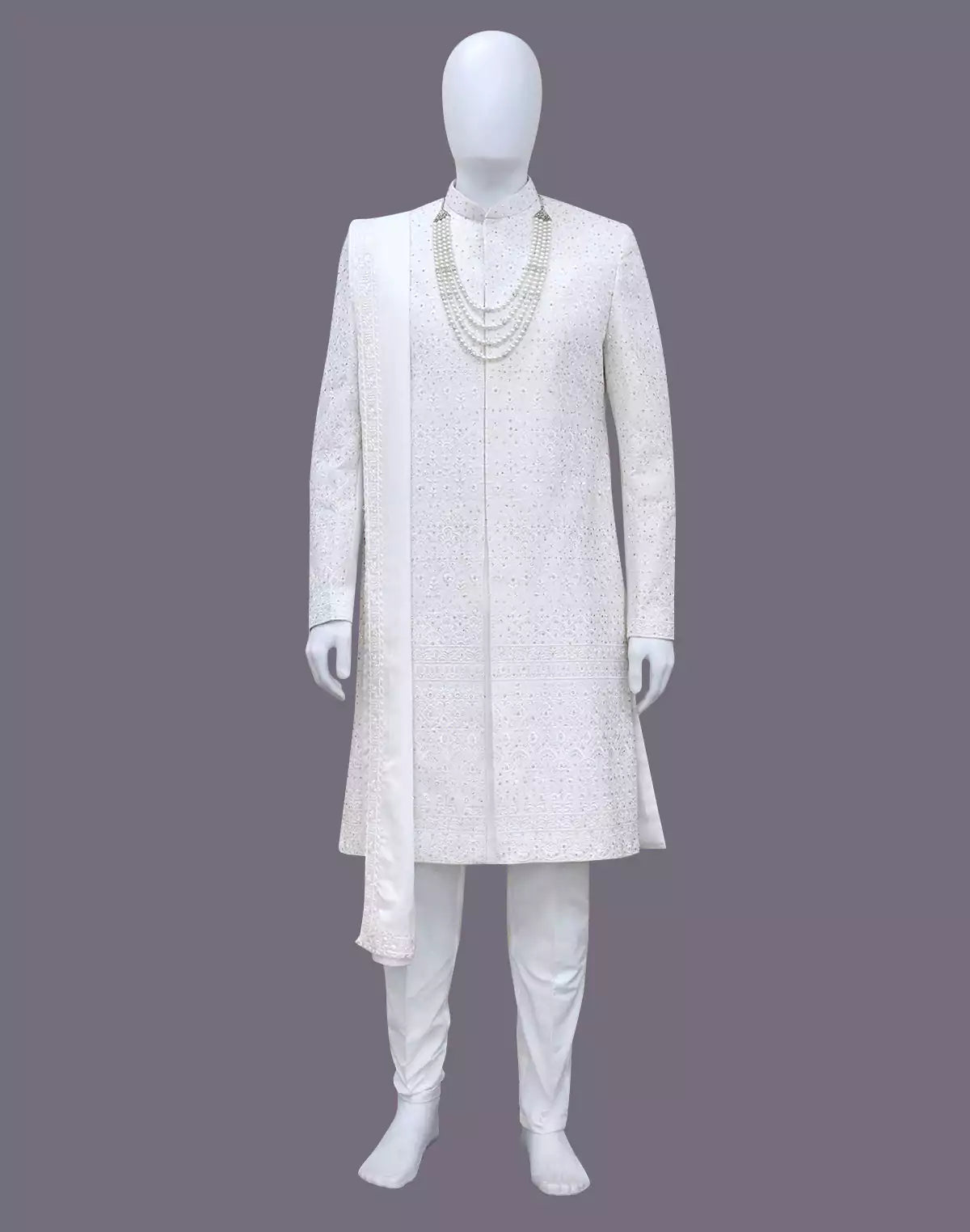 Image of White Self Patterned Thread with Stones Georgette Indo Set Stylish Dupatta - South India Shopping Mall