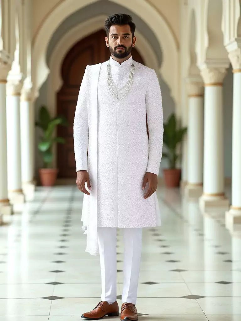 Image of White Self Patterned Thread with Stones Georgette Indo Set Stylish Dupatta - South India Shopping Mall