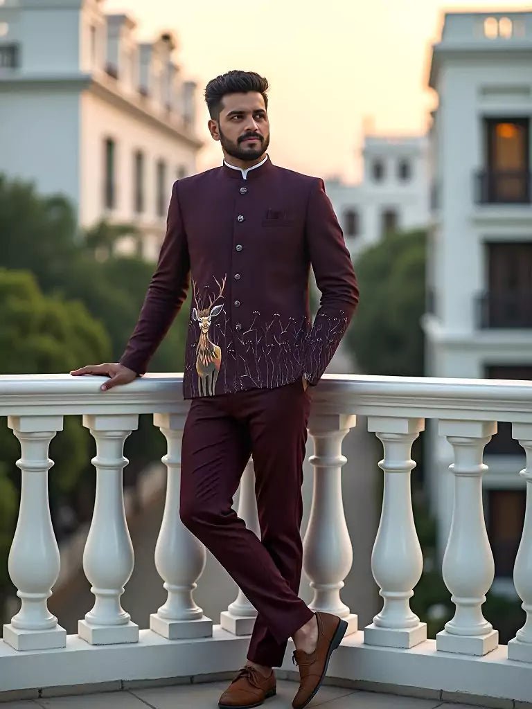 Image of Wine Animal Printed Polynosic Bandhgala Suit - South India Shopping Mall