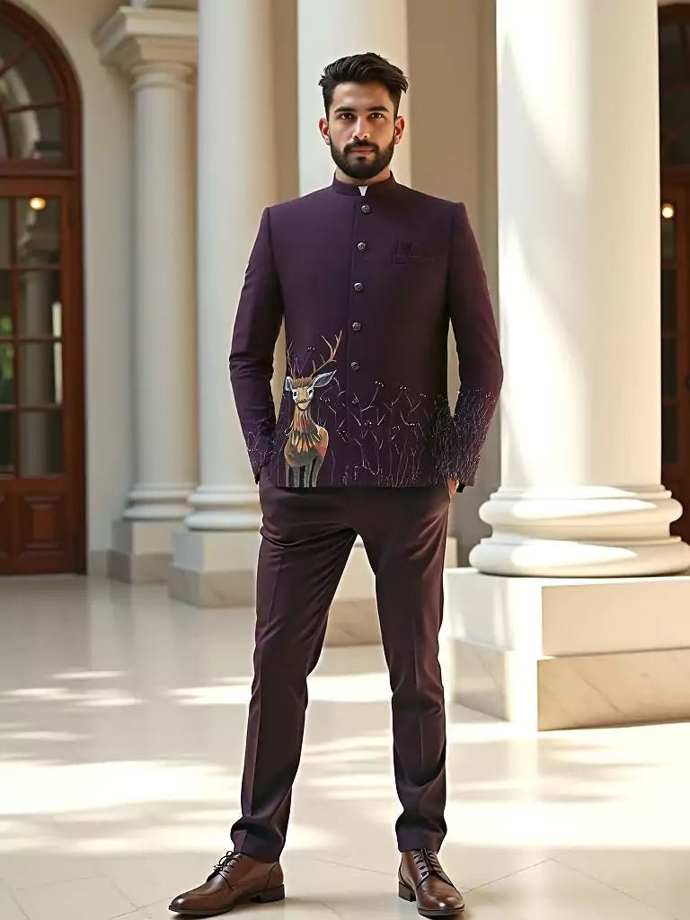 Image of Wine Animal Printed Polynosic Bandhgala Suit - South India Shopping Mall