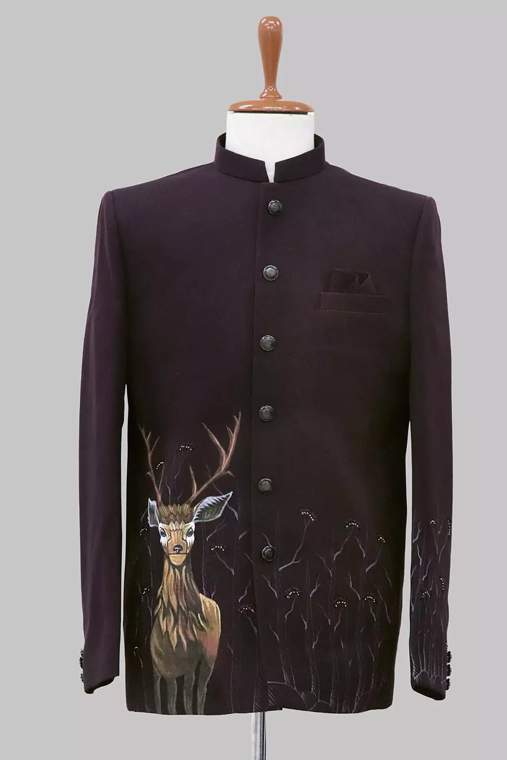 Image of Wine Animal Printed Polynosic Bandhgala Suit - South India Shopping Mall