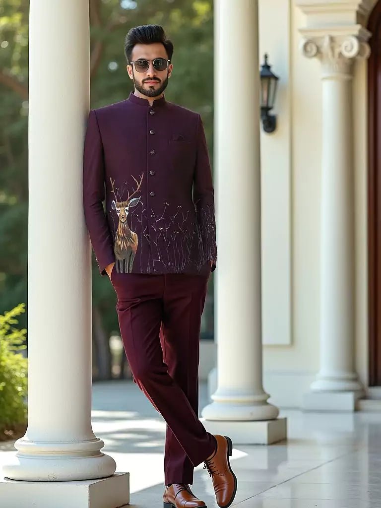 Image of Wine Animal Printed Polynosic Bandhgala Suit - South India Shopping Mall