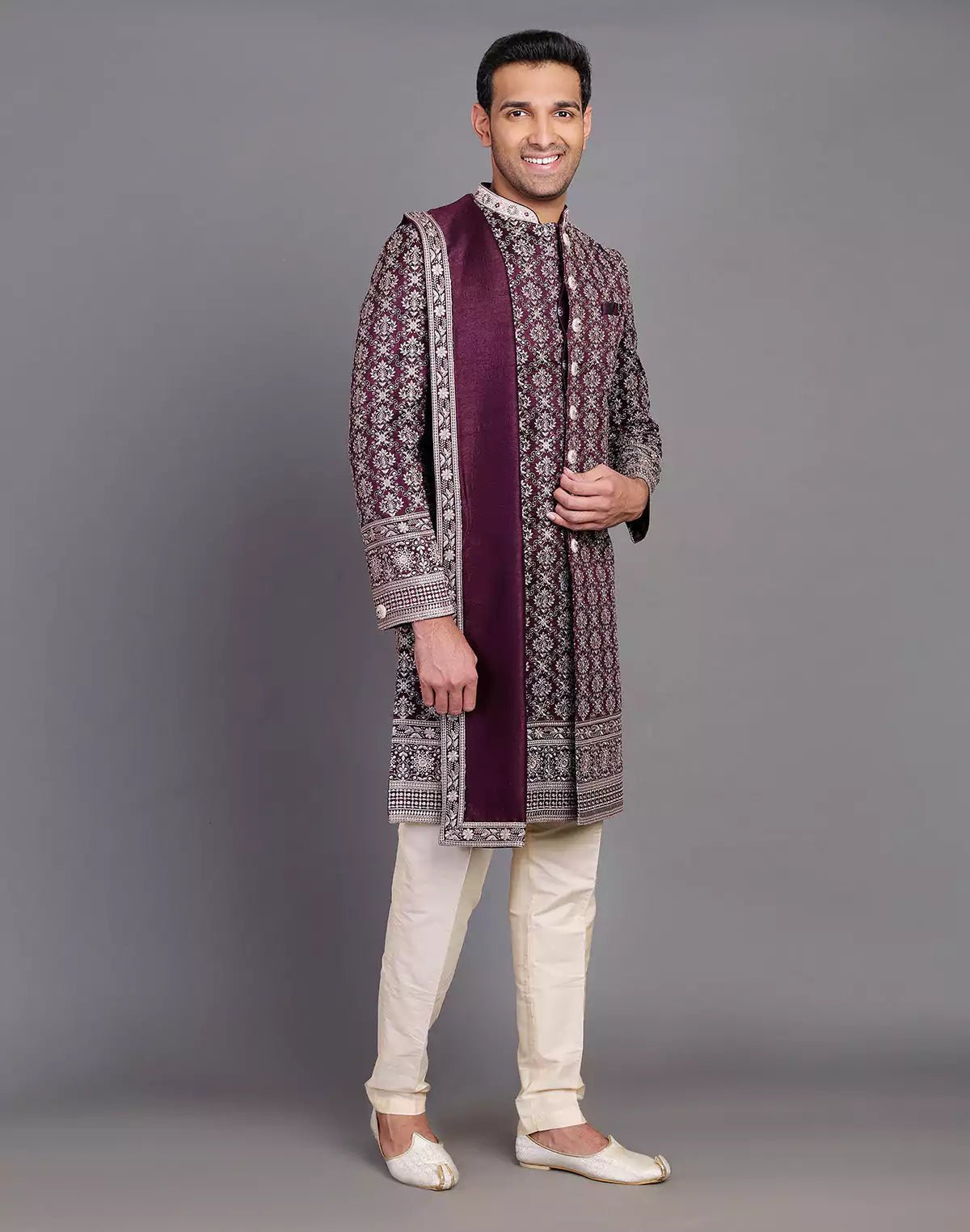 Image of Wine Colour Floral Motifs Embroidery Work Raw Silk Indo Western Set With Dupatta - South India Shopping Mall