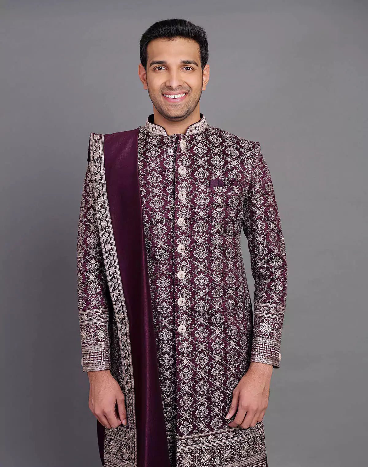 Image of Wine Colour Floral Motifs Embroidery Work Raw Silk Indo Western Set With Dupatta - South India Shopping Mall