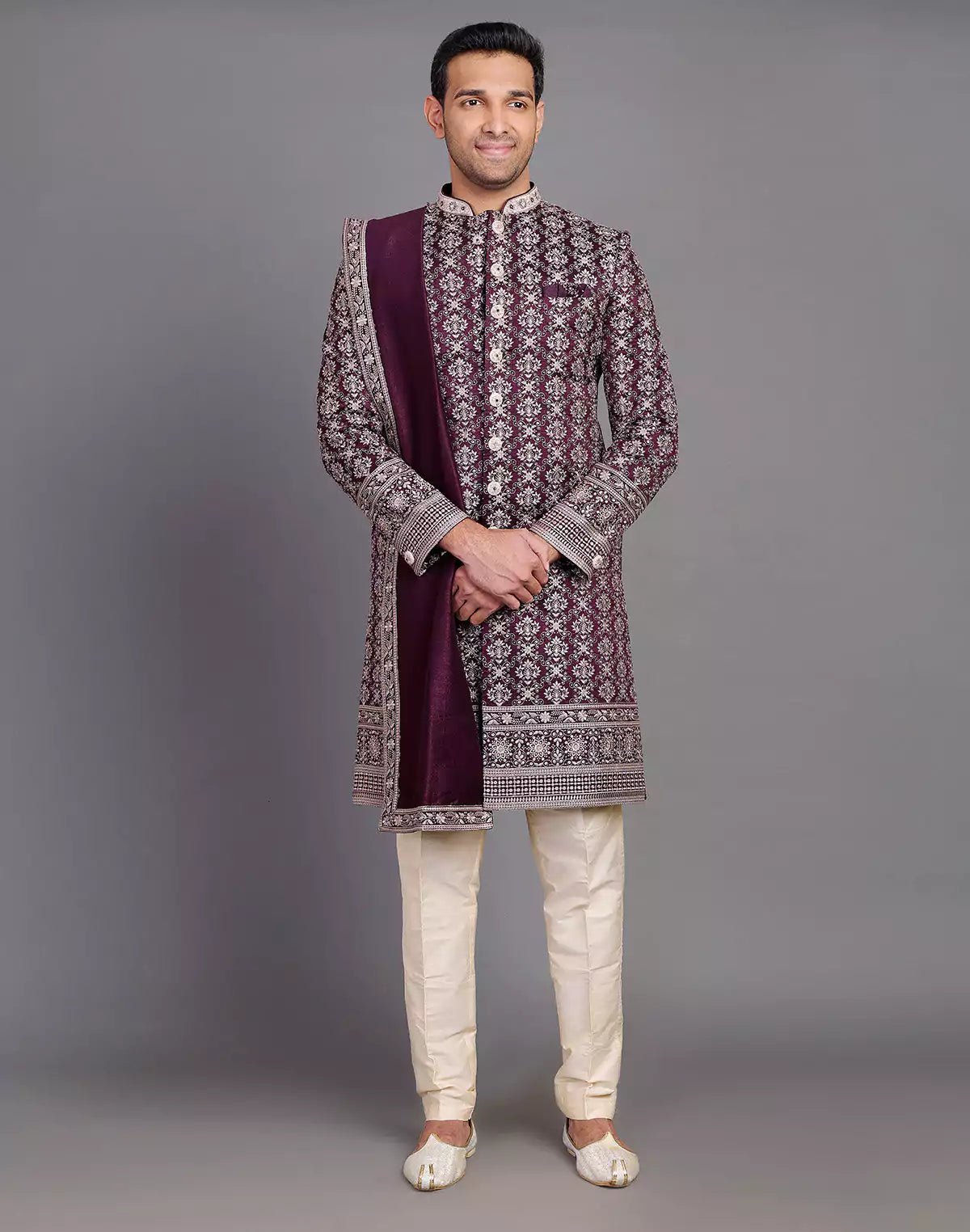 Image of Wine Colour Floral Motifs Embroidery Work Raw Silk Indo Western Set With Dupatta - South India Shopping Mall