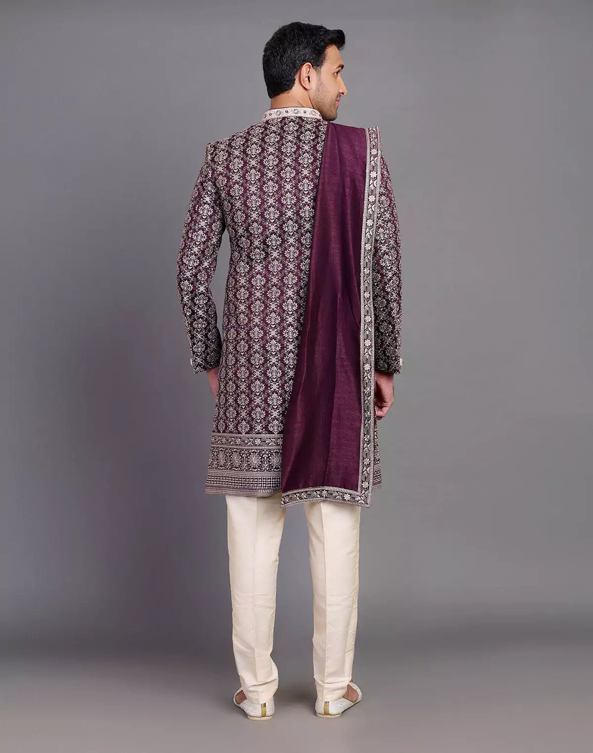 Image of Wine Colour Floral Motifs Embroidery Work Raw Silk Indo Western Set With Dupatta - South India Shopping Mall