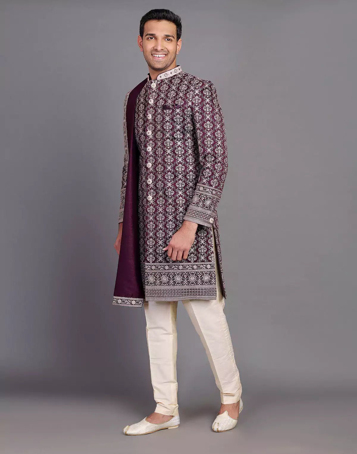 Image of Wine Colour Floral Motifs Embroidery Work Raw Silk Indo Western Set With Dupatta - South India Shopping Mall