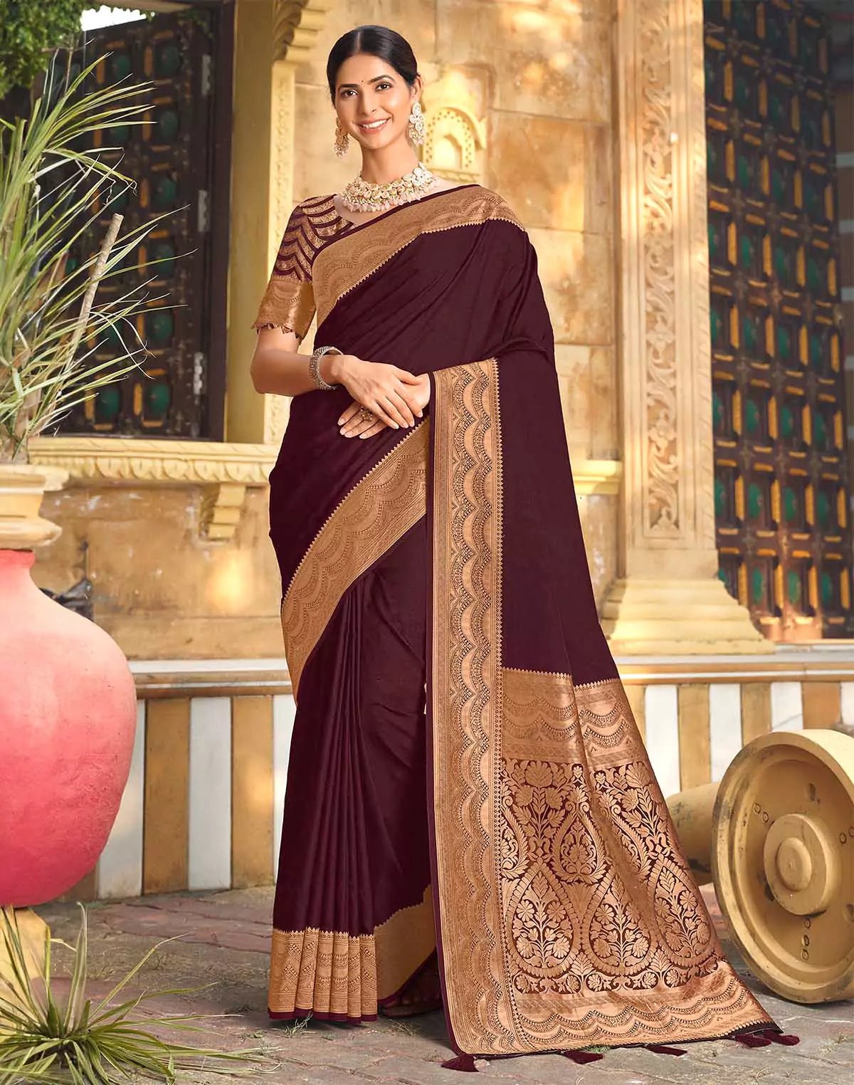 Image of Wine Colour Satin Saree with Attractive Border - South India Shopping Mall
