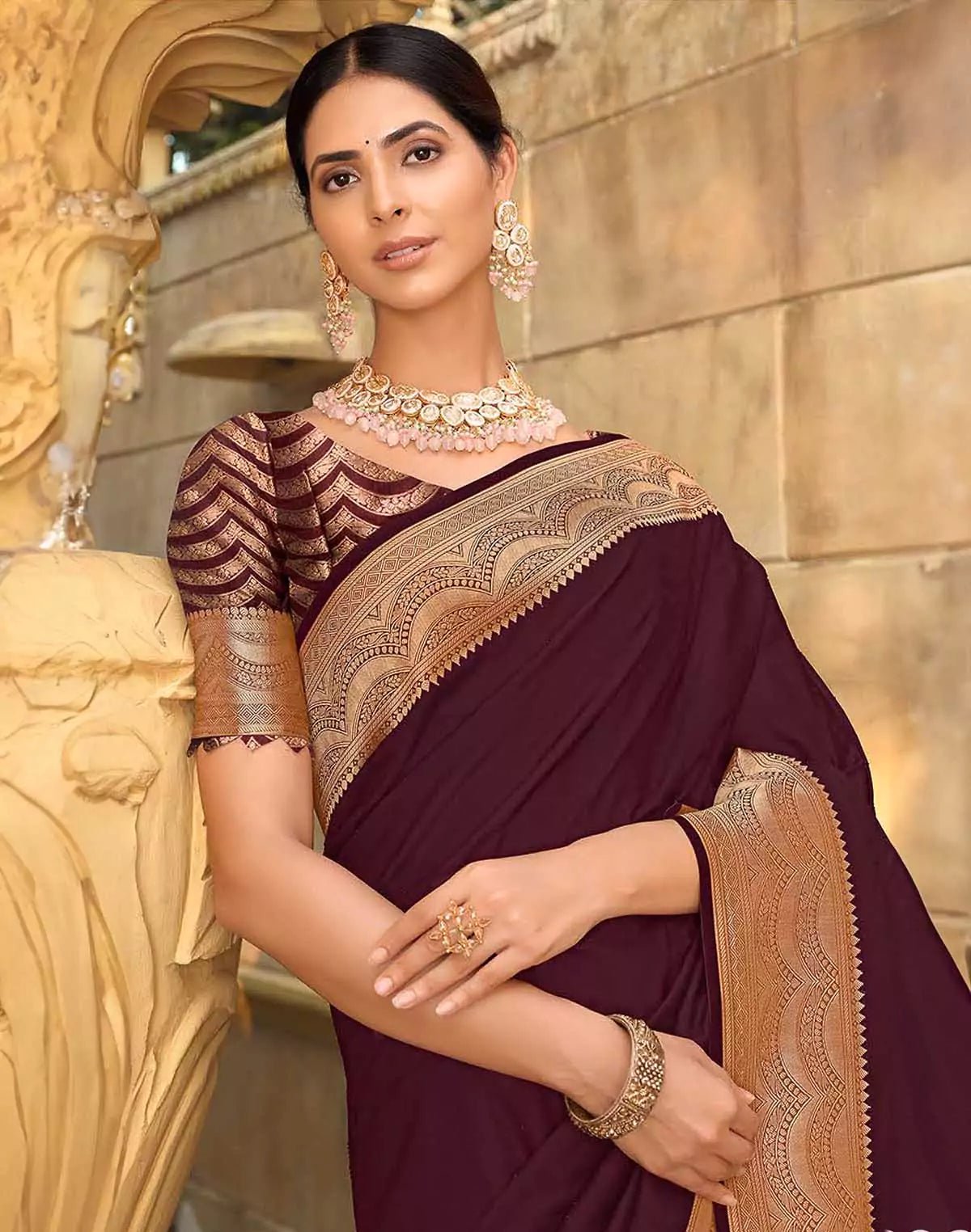 Image of Wine Colour Satin Saree with Attractive Border - South India Shopping Mall
