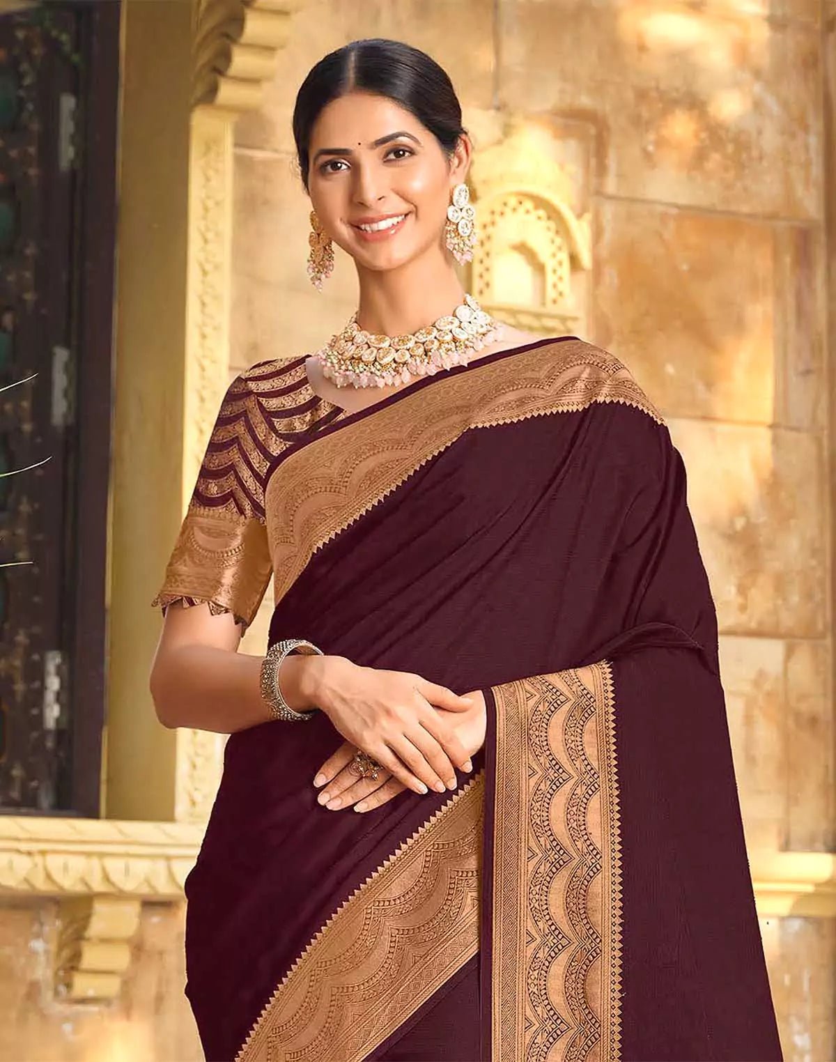 Image of Wine Colour Satin Saree with Attractive Border - South India Shopping Mall
