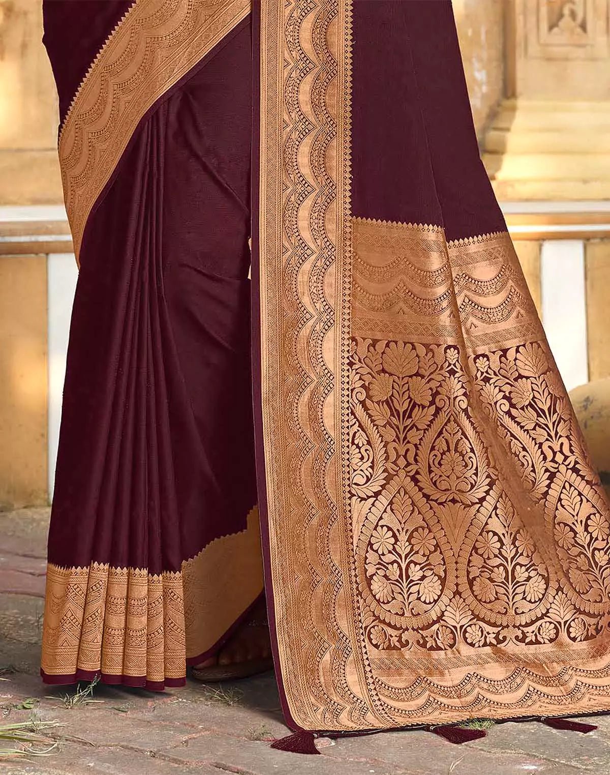 Image of Wine Colour Satin Saree with Attractive Border - South India Shopping Mall