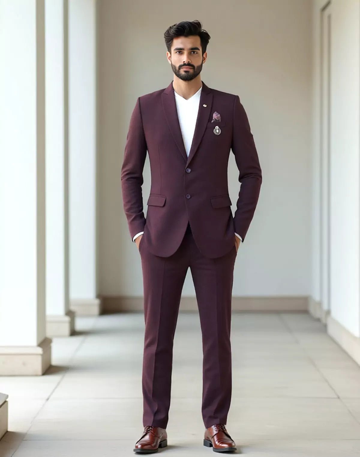 Image of Wine Colour Solid Georgette Polyester Lycra Blazer - South India Shopping Mall