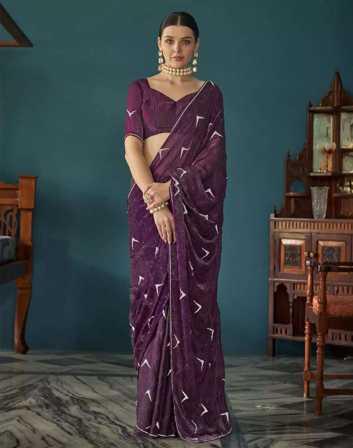 Image of Wine Coloured Georgette Party Wear Saree - South India Shopping Mall
