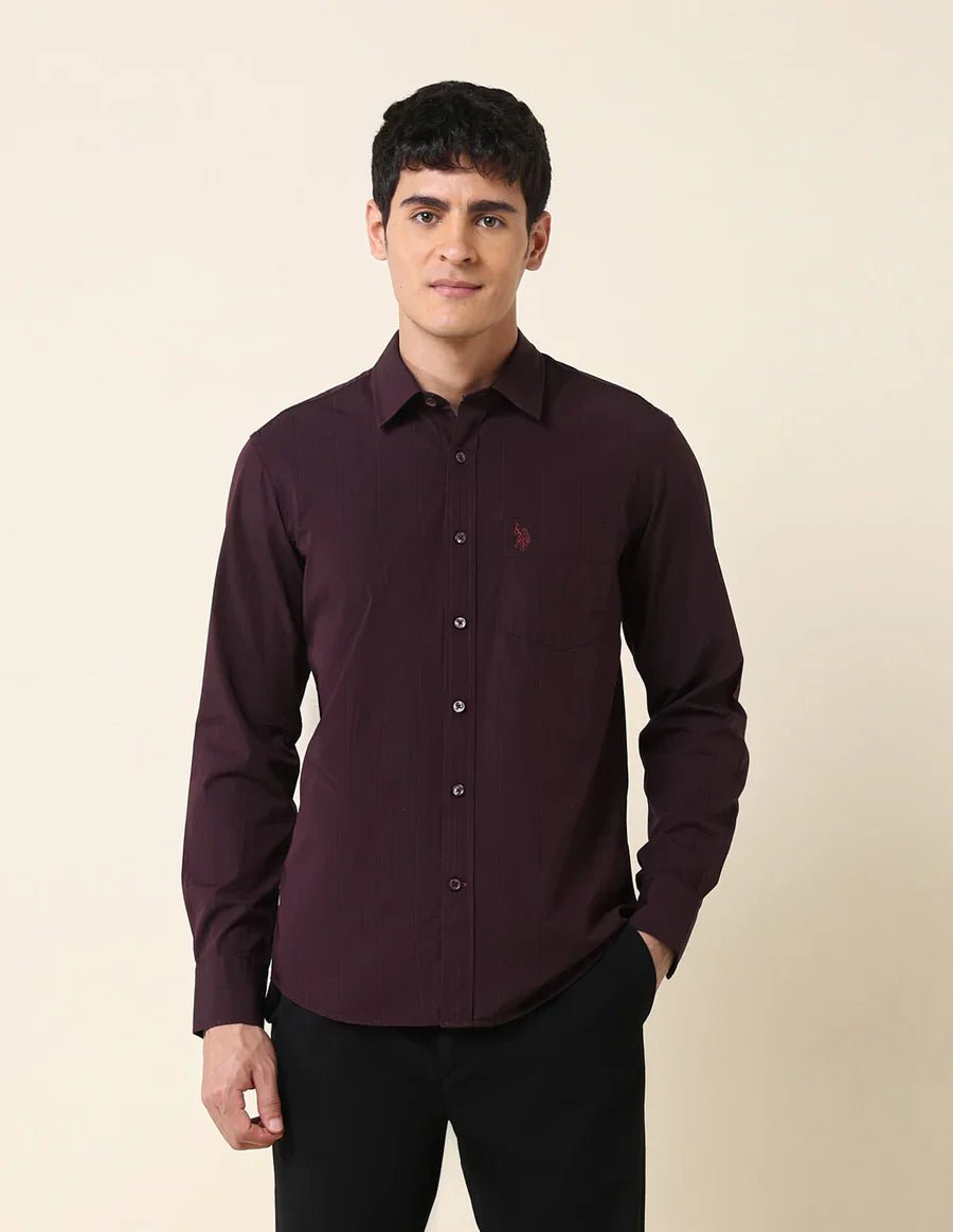 Image of Wine Coloured Stripes Cotton Tailored Fit Casual Shirt - South India Shopping Mall