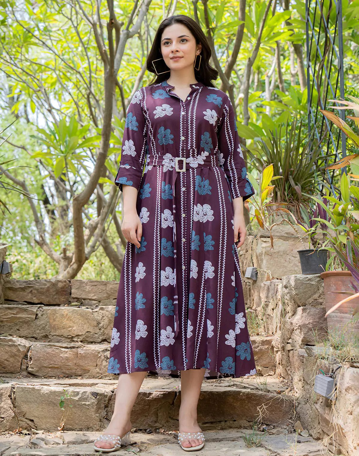 Image of Wine Cotton Silk Floral Print Casual Wear Kurti With Belt - South India Shopping Mall