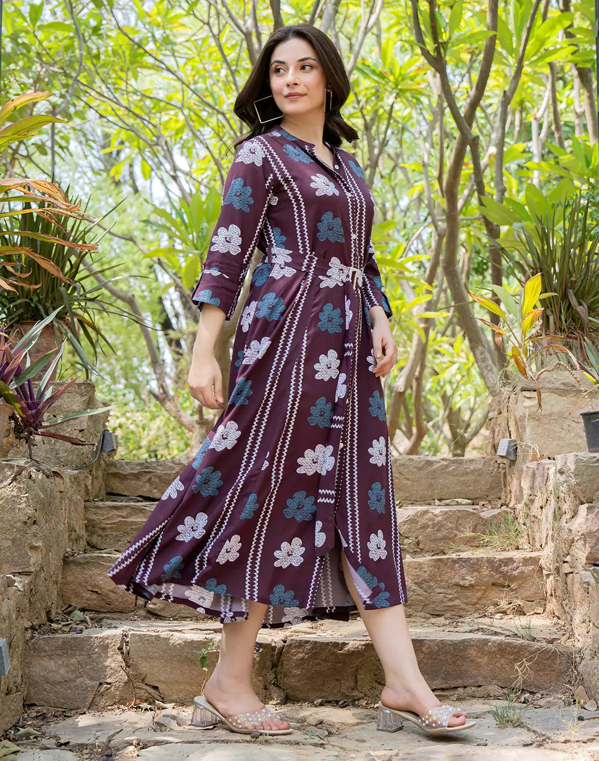 Wine Cotton Silk Floral Print Casual Wear Kurti With Belt - South India Shopping Mall