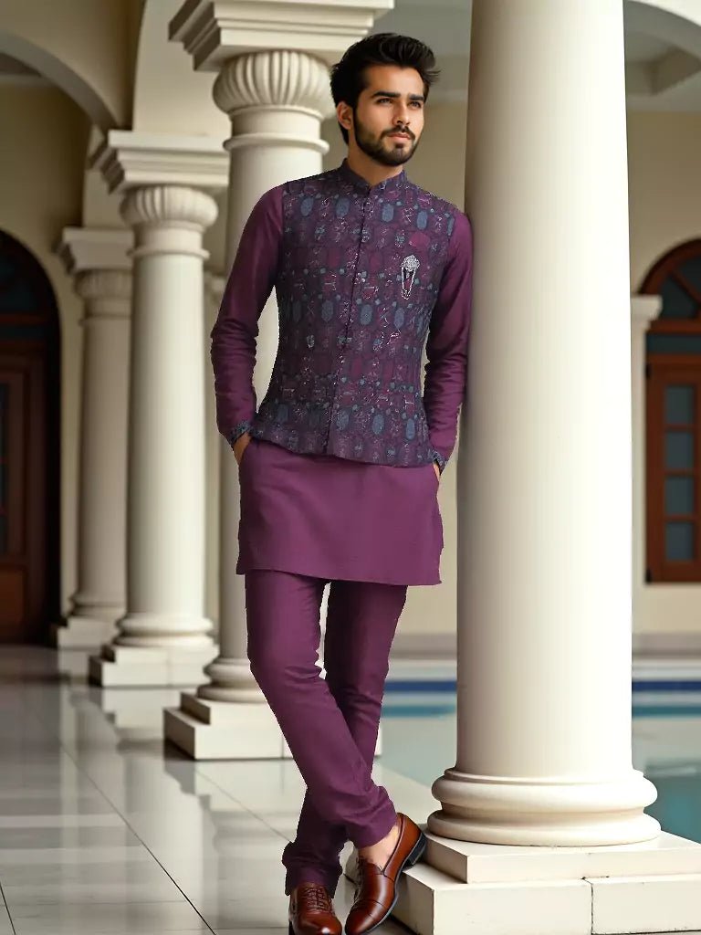 Image of Wine Floral Embroidery and Sequence Work Milky Silk Kurta Jacket Set - South India Shopping Mall