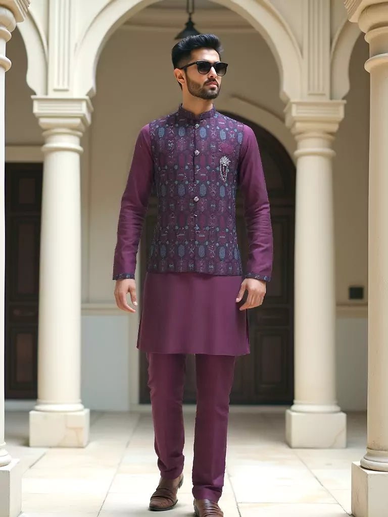 Image of Wine Floral Embroidery and Sequence Work Milky Silk Kurta Jacket Set - South India Shopping Mall