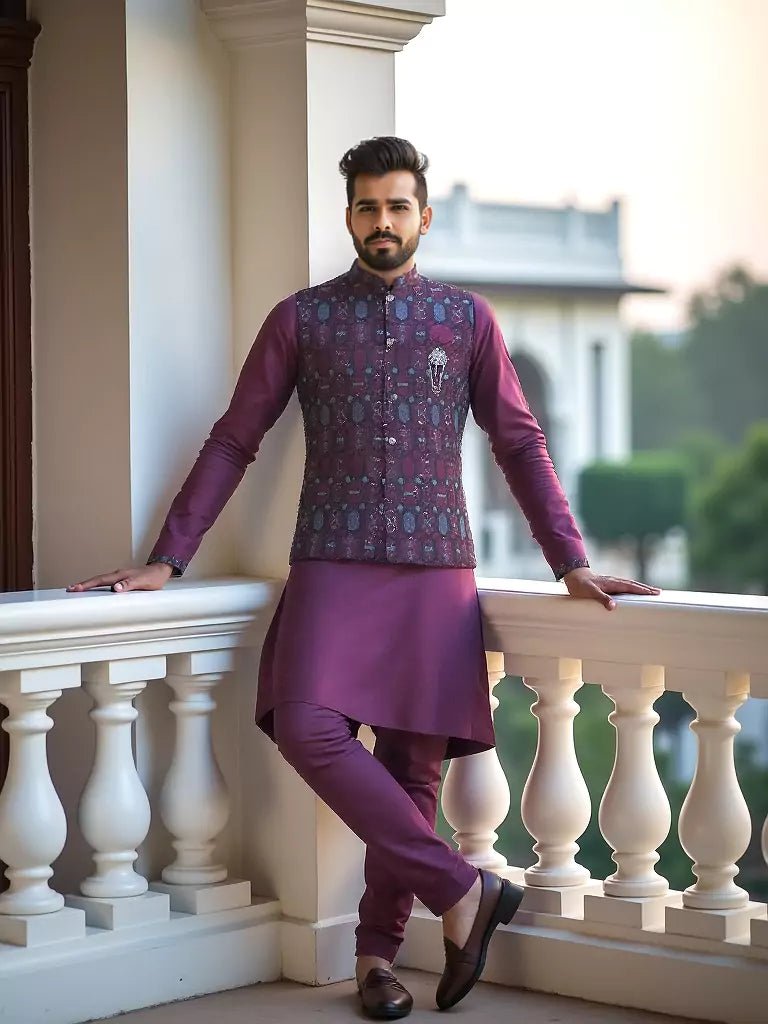 Image of Wine Floral Embroidery and Sequence Work Milky Silk Kurta Jacket Set - South India Shopping Mall