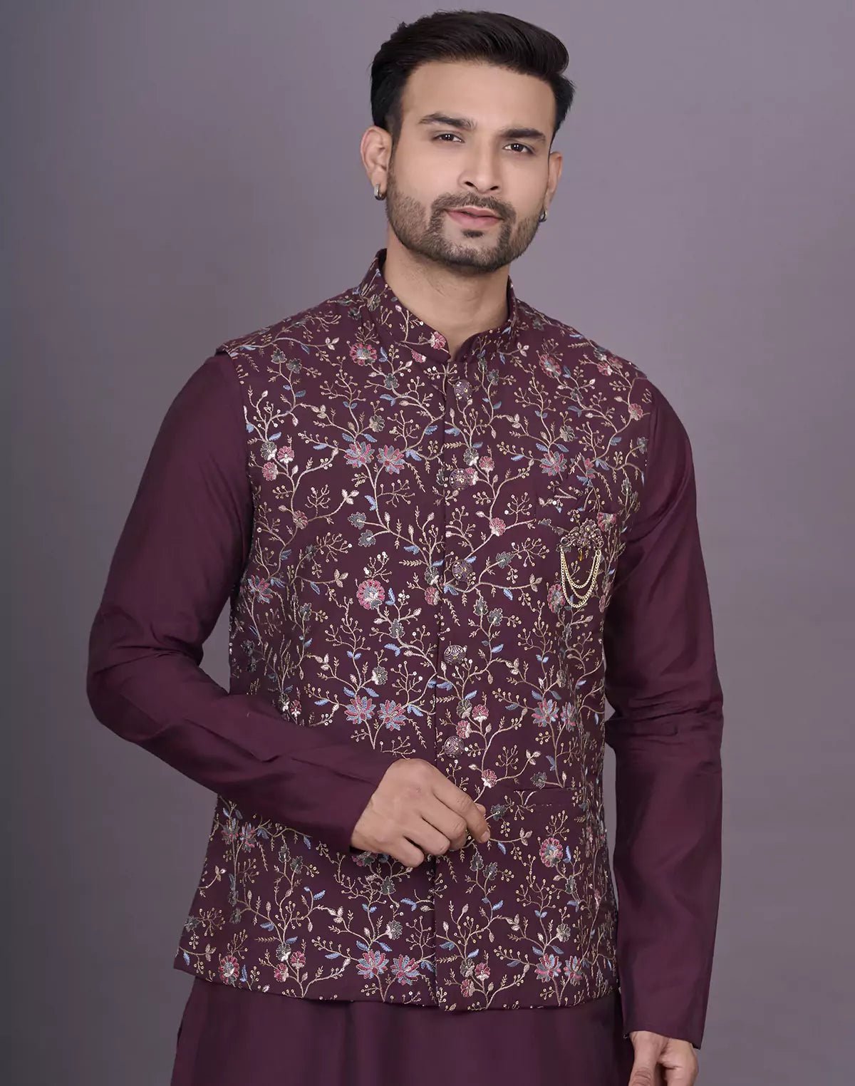 Image of Wine Floral Thread Embroidery work Soft Silk Kurta Jacket Set - South India Shopping Mall