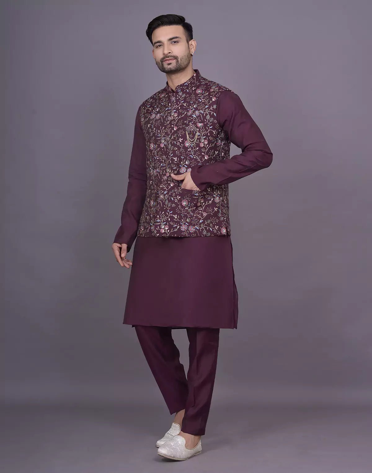 Image of Wine Floral Thread Embroidery work Soft Silk Kurta Jacket Set - South India Shopping Mall