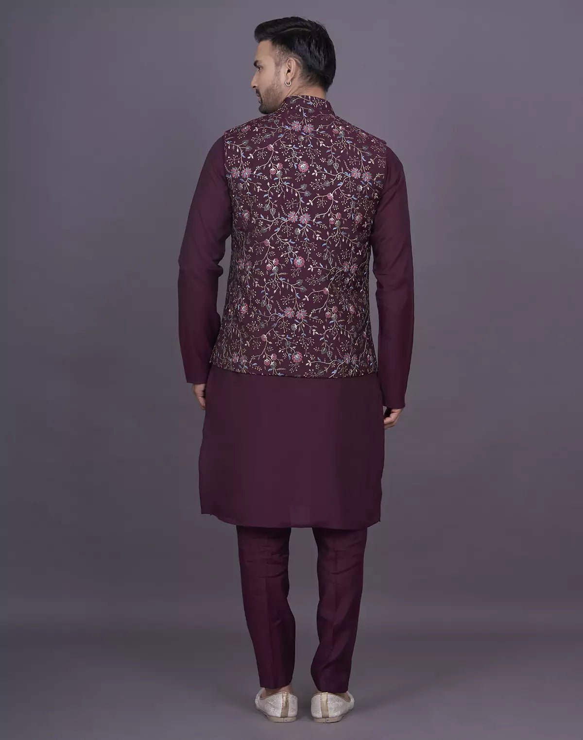Image of Wine Floral Thread Embroidery work Soft Silk Kurta Jacket Set - South India Shopping Mall