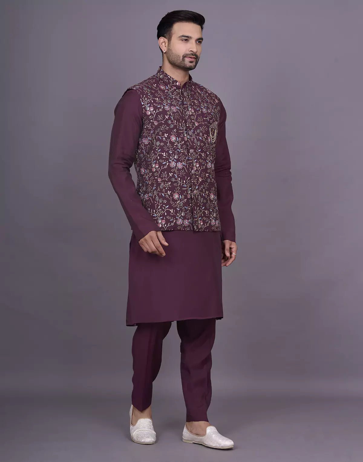 Image of Wine Floral Thread Embroidery work Soft Silk Kurta Jacket Set - South India Shopping Mall