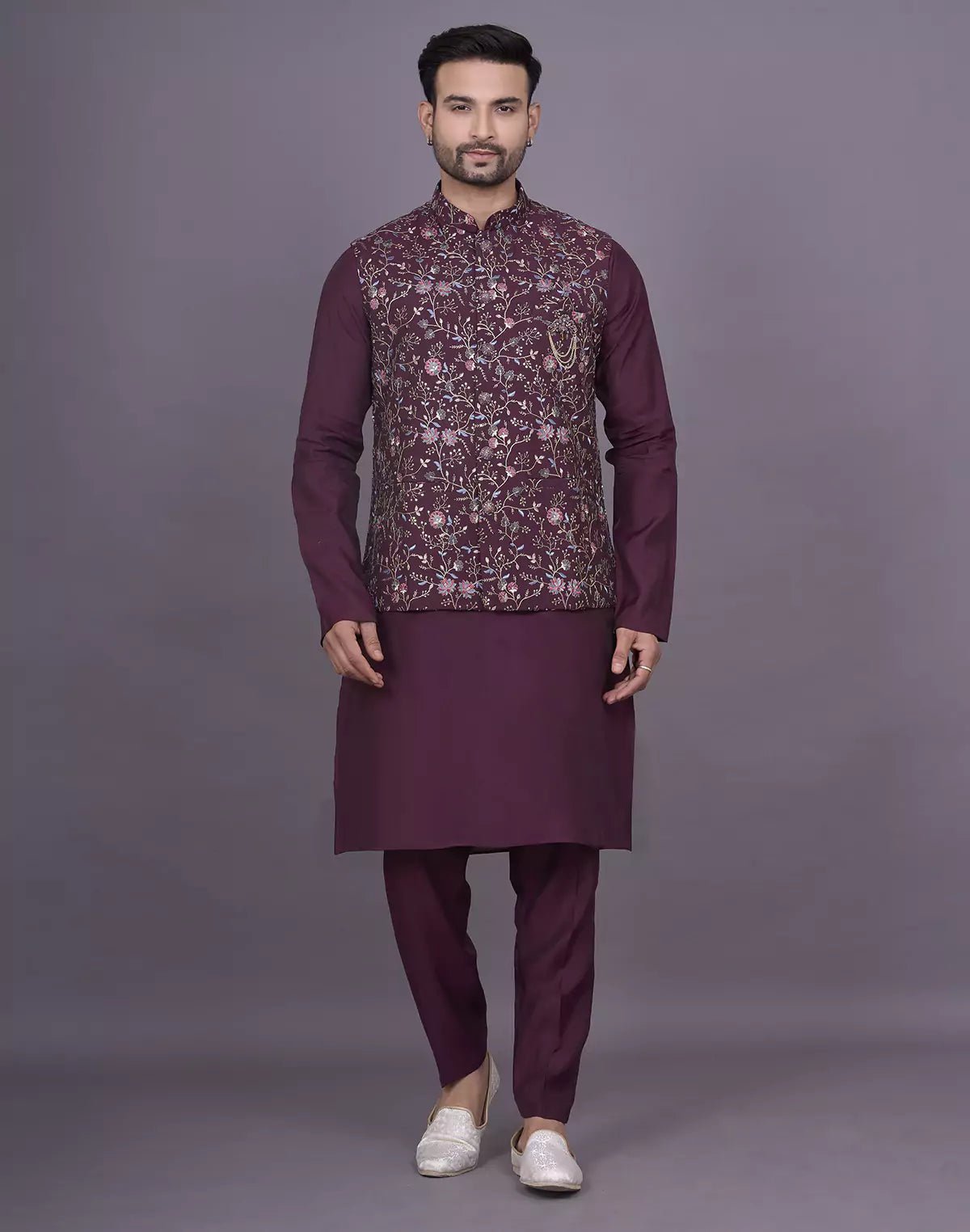 Image of Wine Floral Thread Embroidery work Soft Silk Kurta Jacket Set - South India Shopping Mall