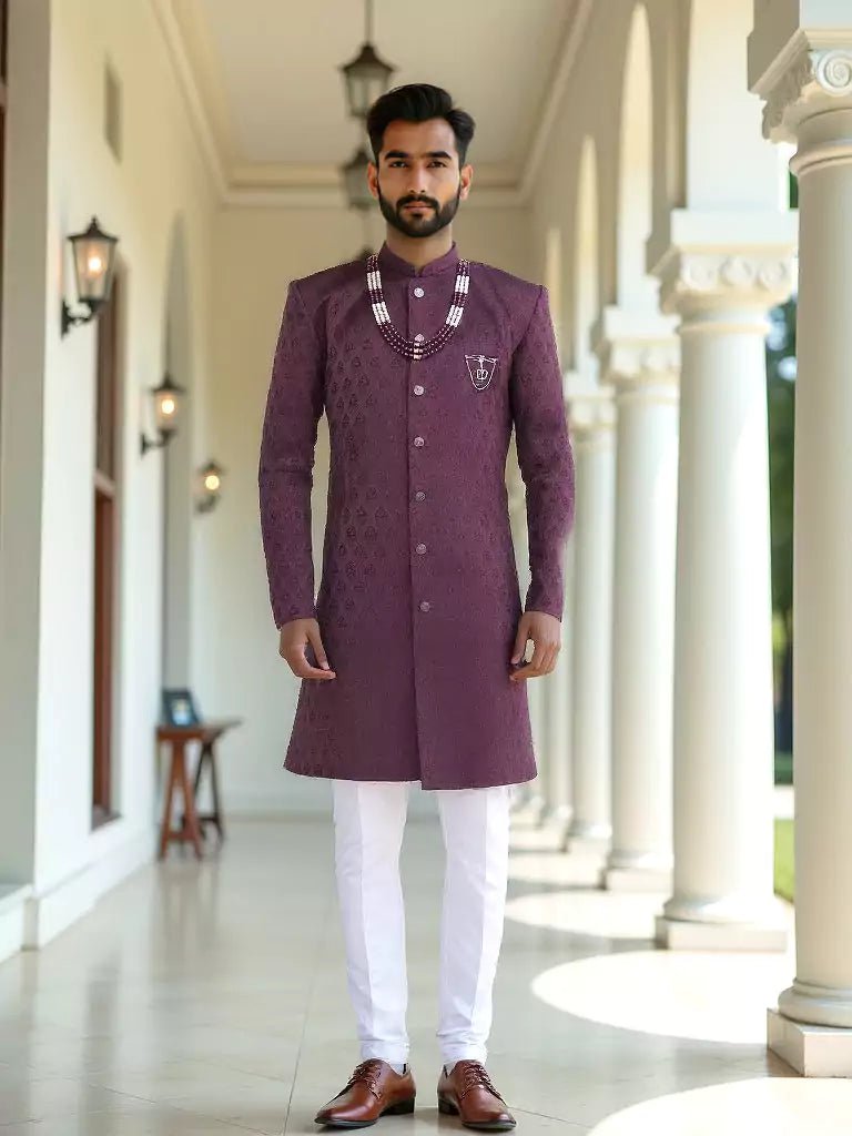 Image of Wine Jacquard Self Design Semi Indo Set - South India Shopping Mall