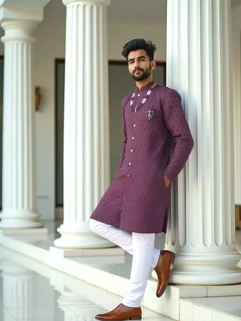 Image of Wine Jacquard Self Design Semi Indo Set - South India Shopping Mall