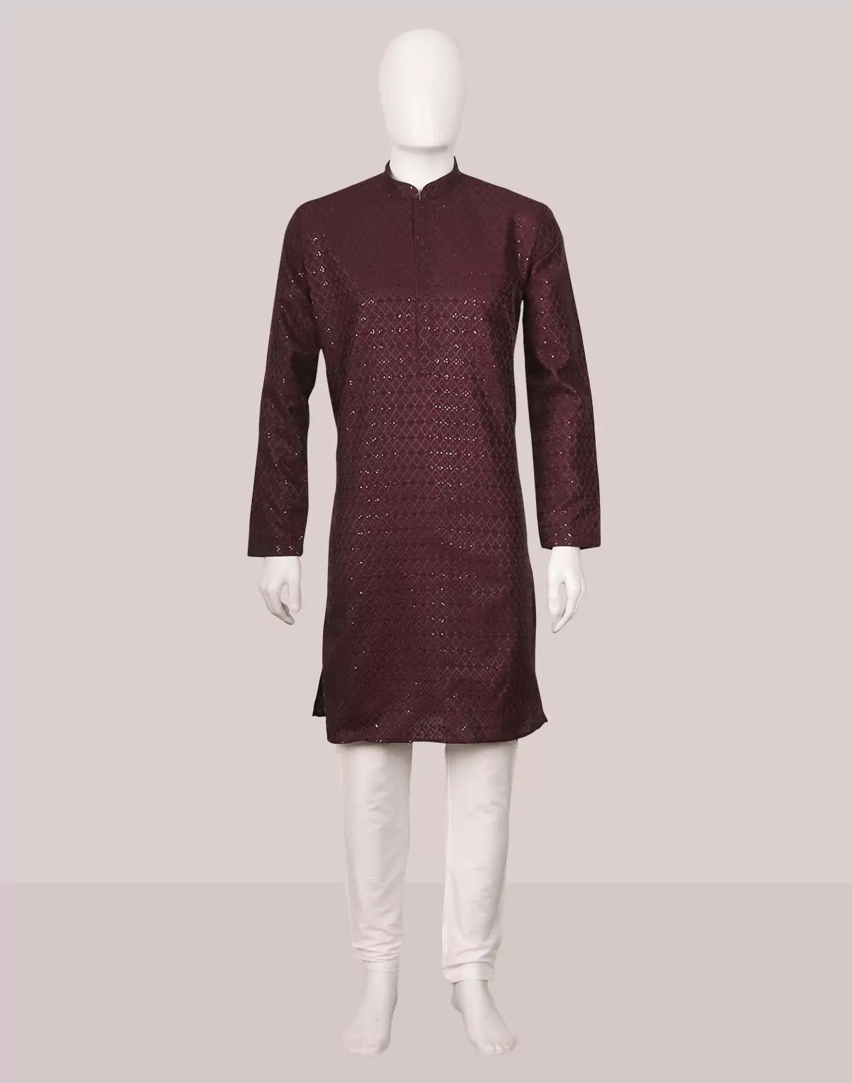 Image of Wine Spandex Self Design Thread with Embellished work Raw Silk Kurta Pajama - South India Shopping Mall