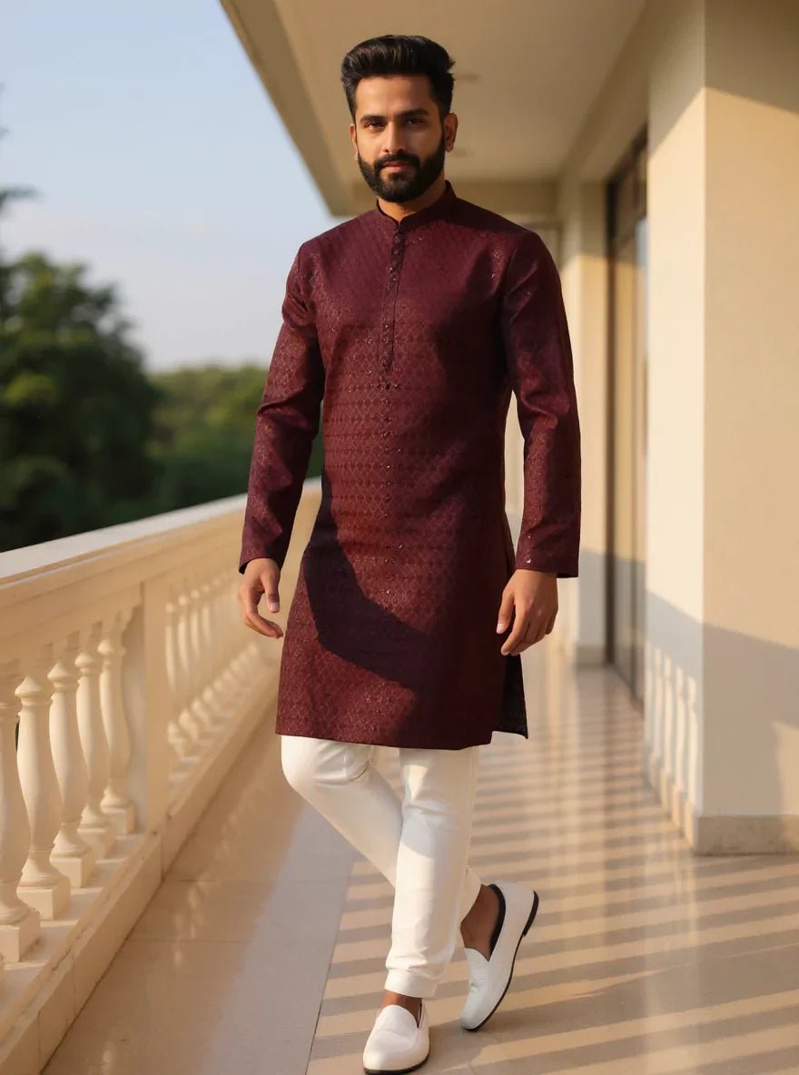 Image of Wine Spandex Self Design Thread with Embellished work Raw Silk Kurta Pajama - South India Shopping Mall