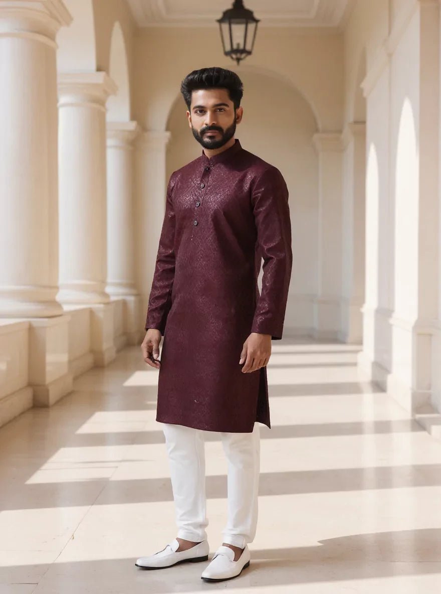 Image of Wine Spandex Self Design Thread with Embellished work Raw Silk Kurta Pajama - South India Shopping Mall