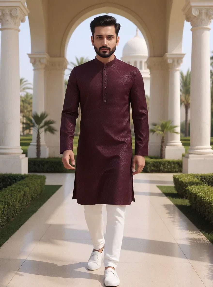 Image of Wine Spandex Self Design Thread with Embellished work Raw Silk Kurta Pajama - South India Shopping Mall