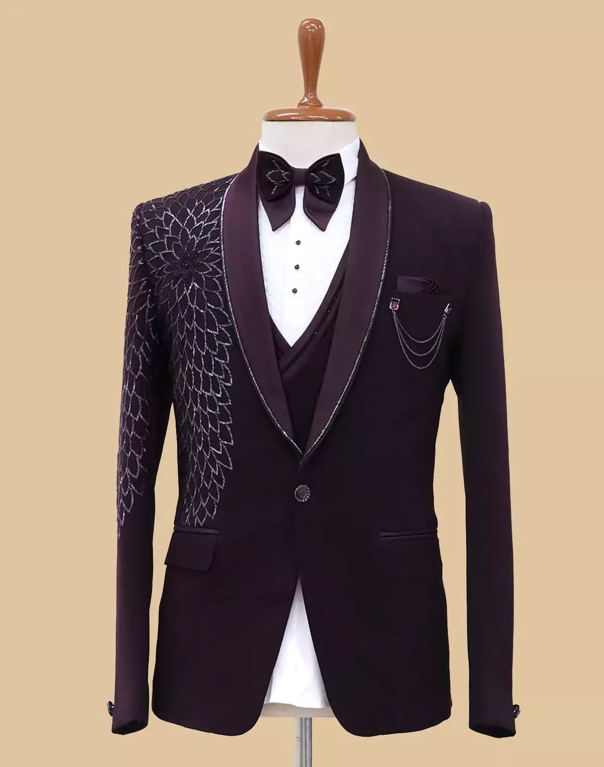 Wine Stunning Polynosic Cutdana Party Wear Tuxido Designer Suit - South India Shopping Mall