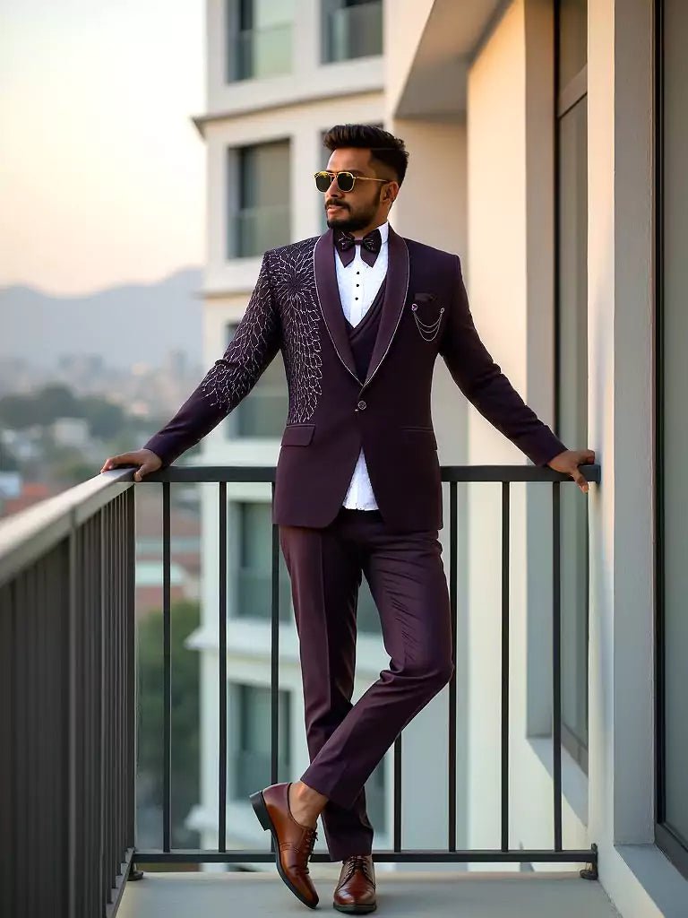 Image of Wine Stunning Polynosic Cutdana Party Wear Tuxido Designer Suit - South India Shopping Mall