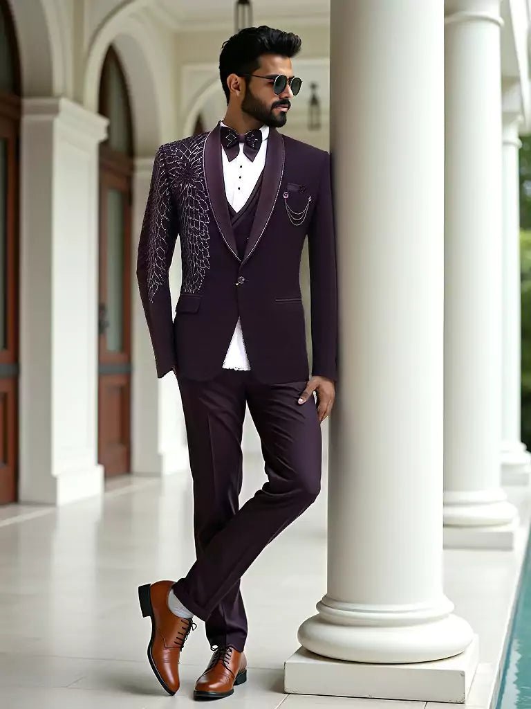 Wine Stunning Polynosic Cutdana Party Wear Tuxido Designer Suit - South India Shopping Mall