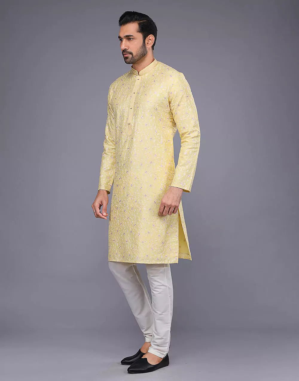 Image of Yellow Color Floral Design Thread Embroidery Work Kurta Set - South India Shopping Mall