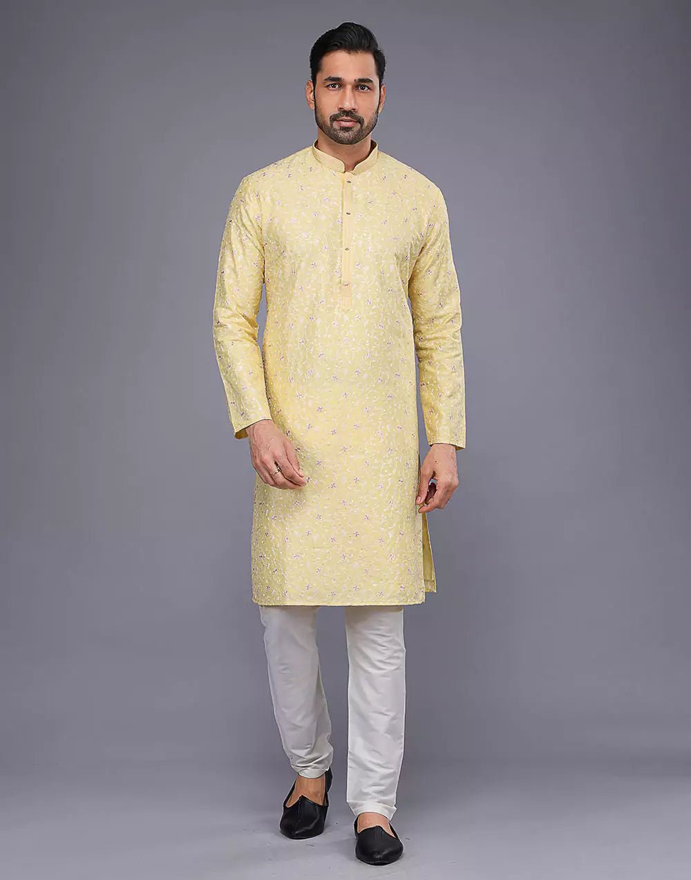 Image of Yellow Color Floral Design Thread Embroidery Work Kurta Set - South India Shopping Mall
