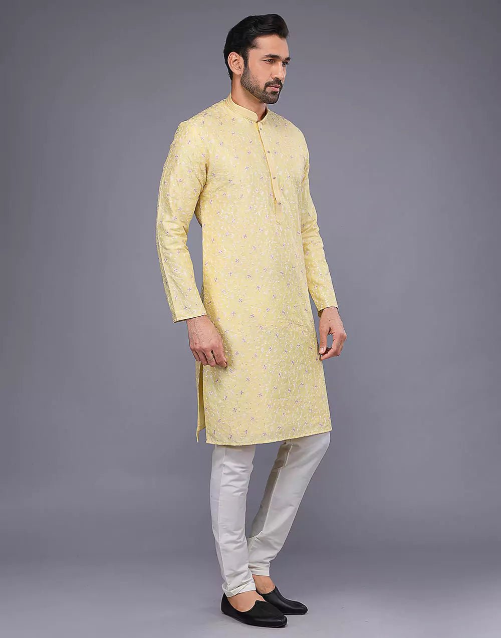 Image of Yellow Color Floral Design Thread Embroidery Work Kurta Set - South India Shopping Mall