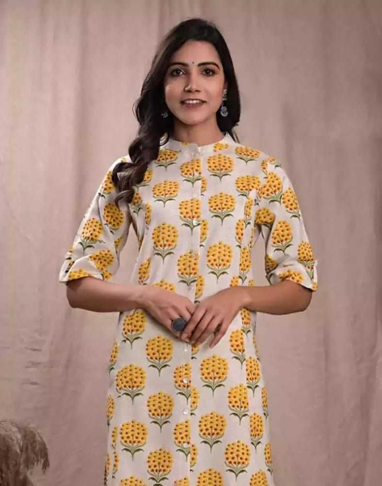 Image of Yellow Colour Botanical Print Cotton Kurti - South India Shopping Mall