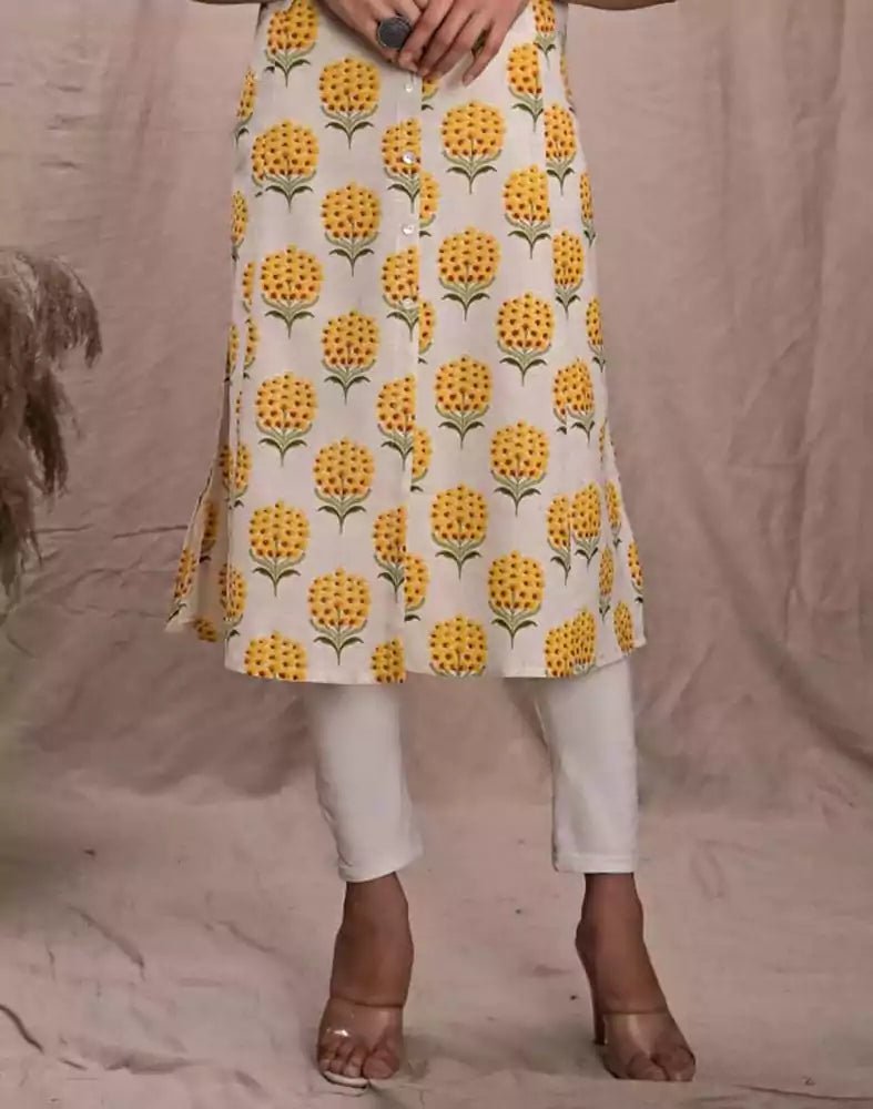 Image of Yellow Colour Botanical Print Cotton Kurti - South India Shopping Mall
