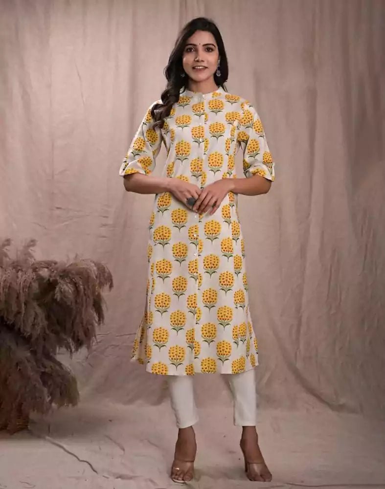 Image of Yellow Colour Botanical Print Cotton Kurti - South India Shopping Mall