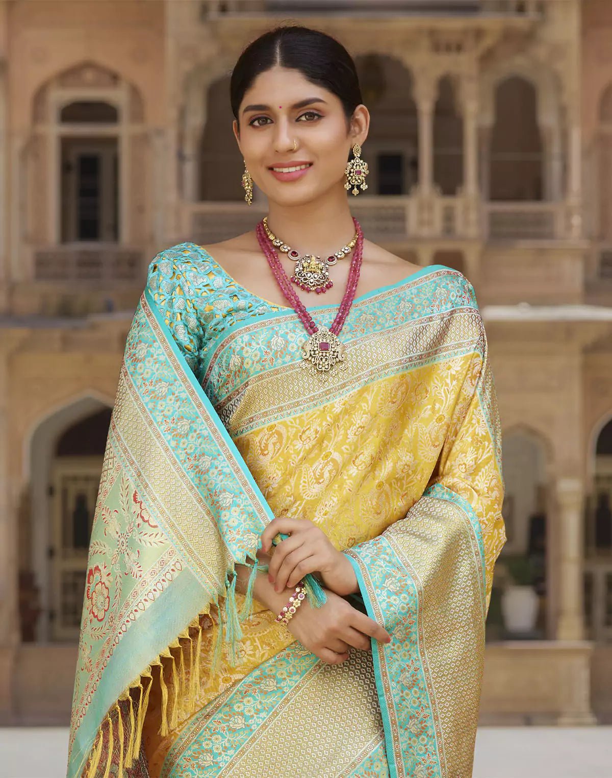 Yellow Ethnic Motifs Kanchipuram Pure Silk Saree With Contrast Skut Border - South India Shopping Mall