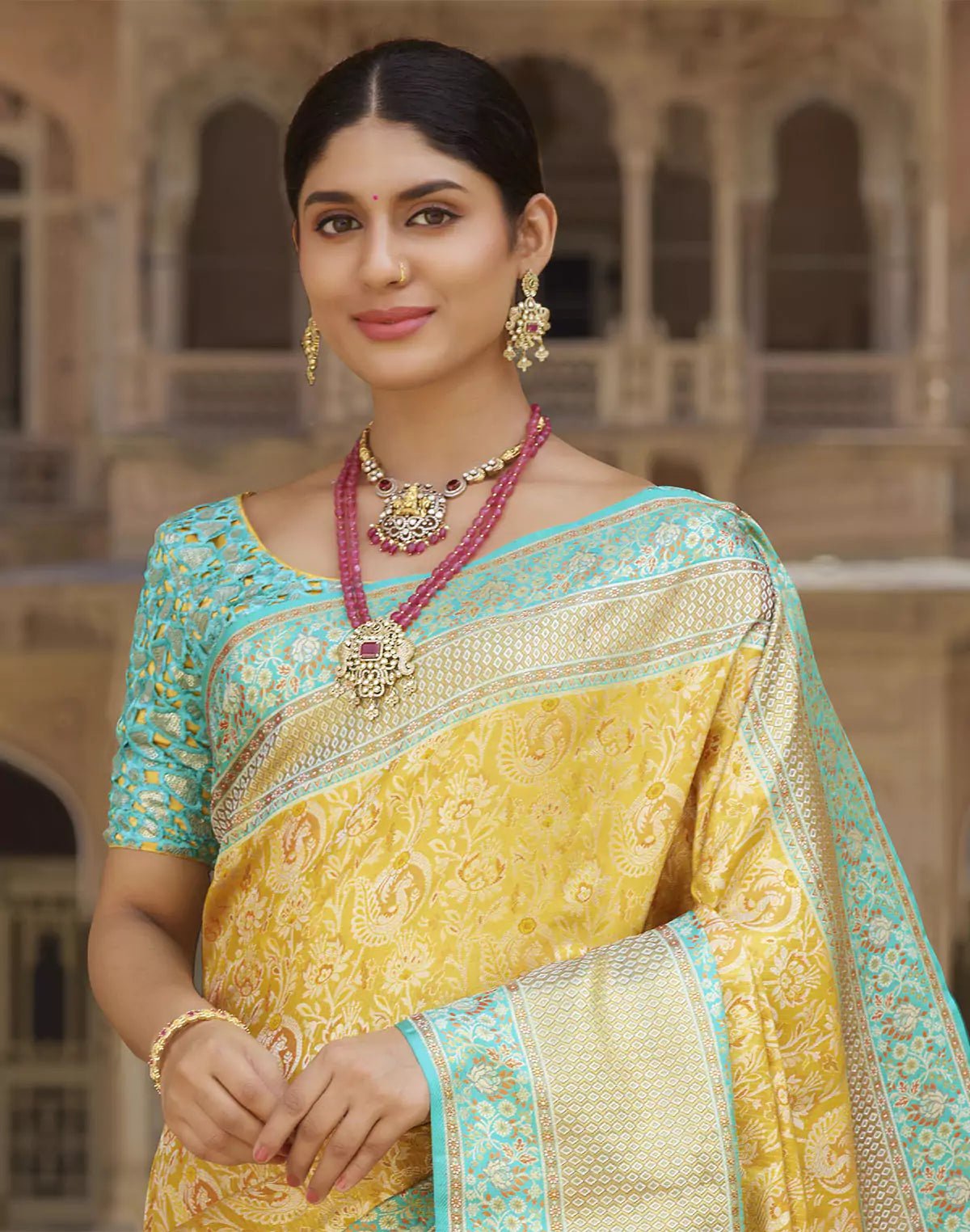 Yellow Ethnic Motifs Kanchipuram Pure Silk Saree With Contrast Skut Border - South India Shopping Mall