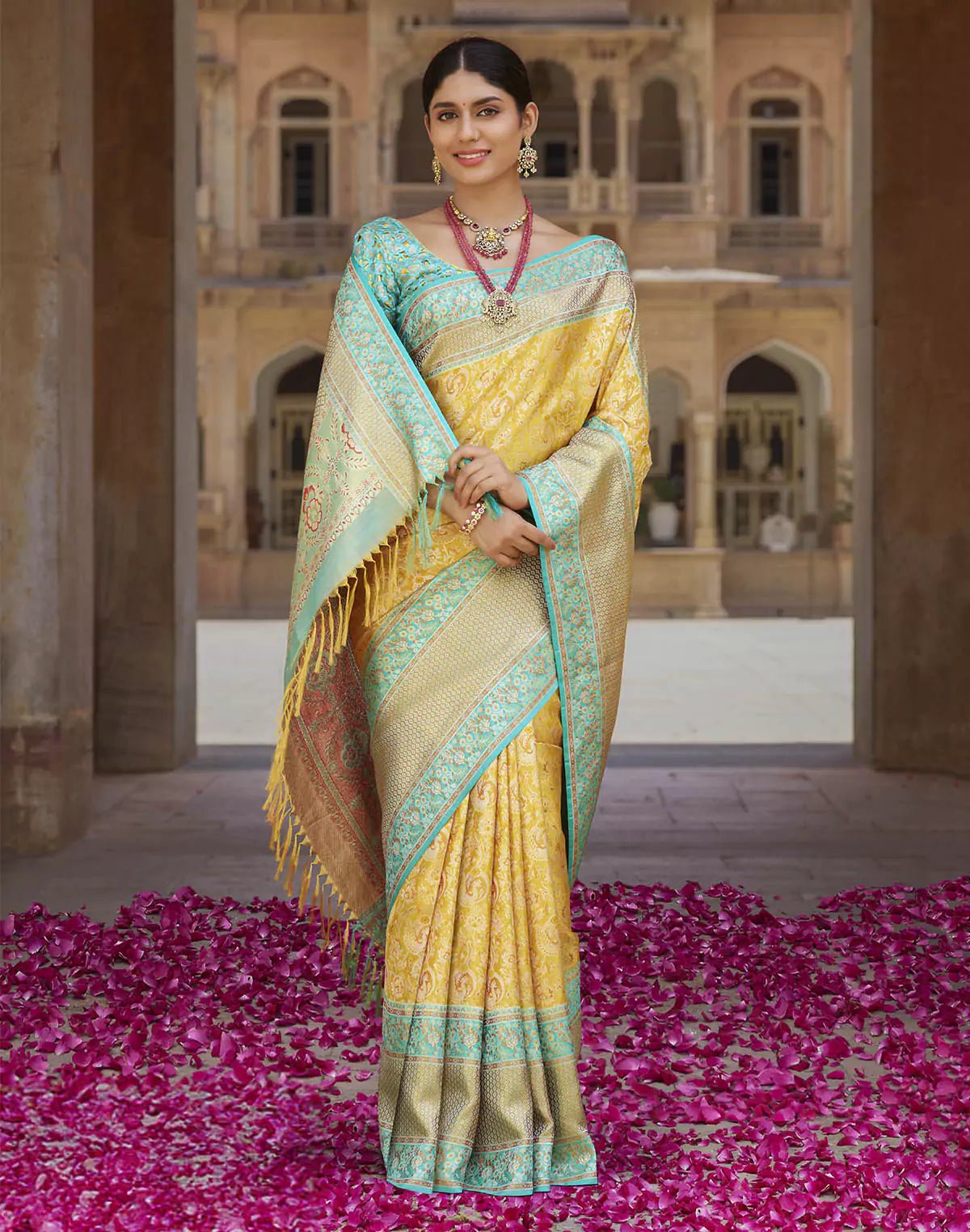 Image of Yellow Ethnic Motifs Kanchipuram Pure Silk Saree With Contrast Skut Border - South India Shopping Mall