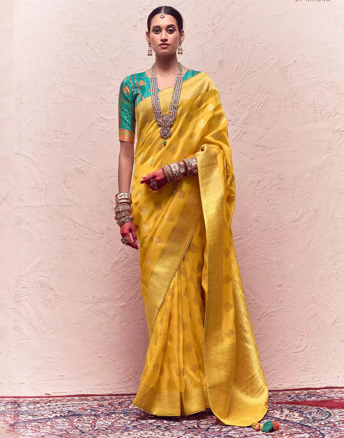 Image of Yellow Floral Banarasi Crepe Dola Silk Saree With Designer Contrast Blouse - South India Shopping Mall