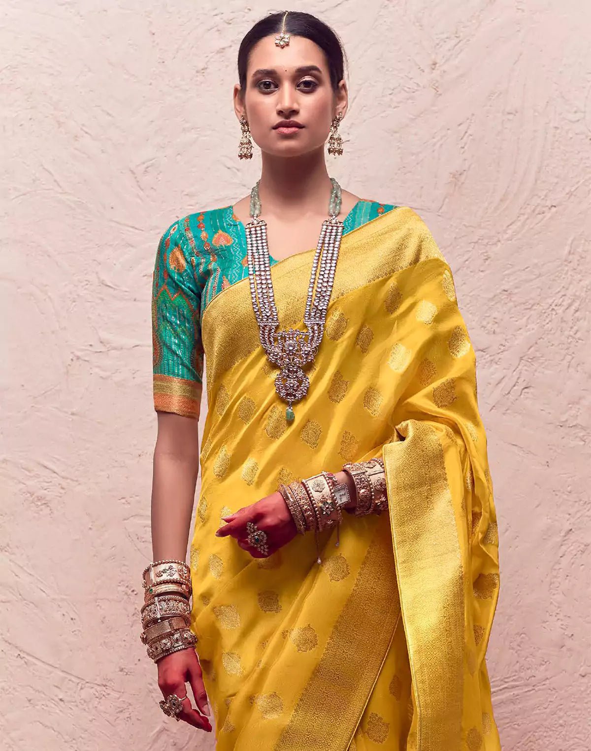 Image of Yellow Floral Banarasi Crepe Dola Silk Saree With Designer Contrast Blouse - South India Shopping Mall