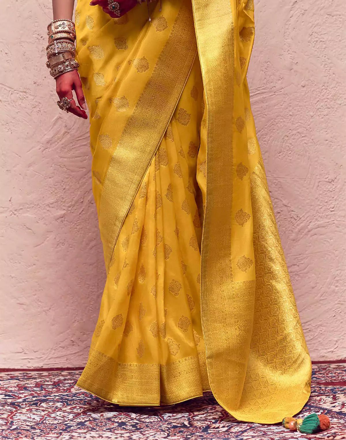 Image of Yellow Floral Banarasi Crepe Dola Silk Saree With Designer Contrast Blouse - South India Shopping Mall