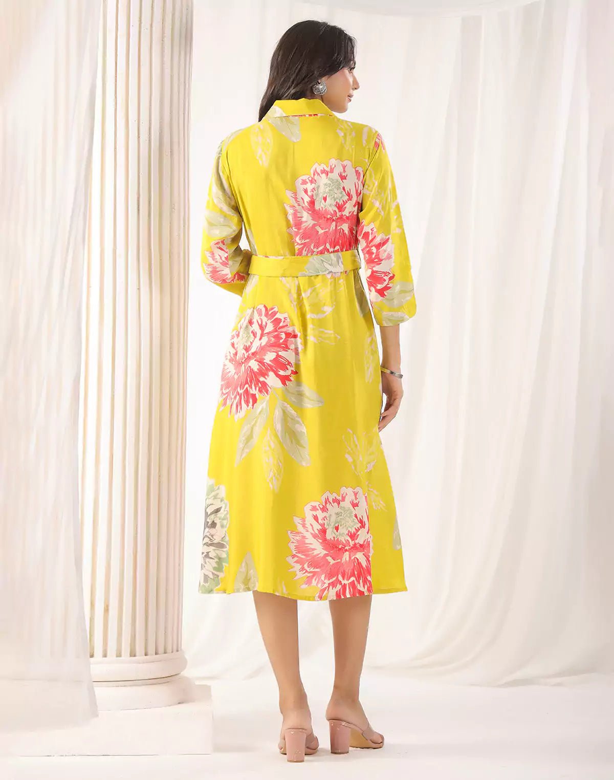 Image of Yellow Floral Bunches Soft Silk Kurti With Belt - South India Shopping Mall